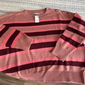 LOFT Pink and Burgundy Striped Button-Shoulder Sweater